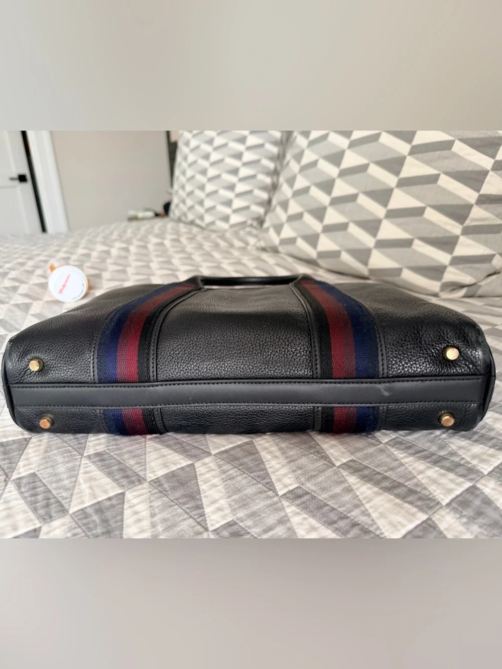 Paul Smith Black Pebbled Leather Briefcase with Navy and Burgundy Stripes
